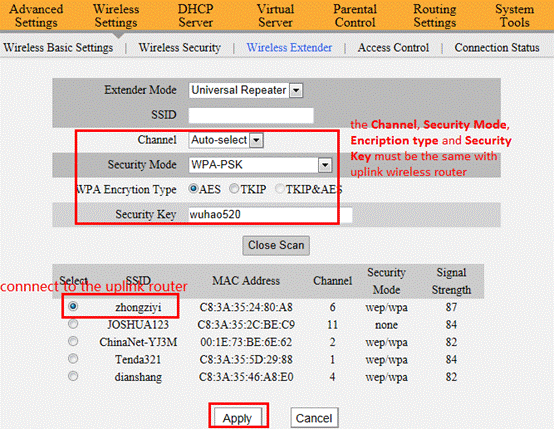 说明: http://www.tendacn.com/UserFiles/WordToHtml/Function configurations/W3000R-How to expand the wireless network by the Universal Repeator Mode.files/image004.gif